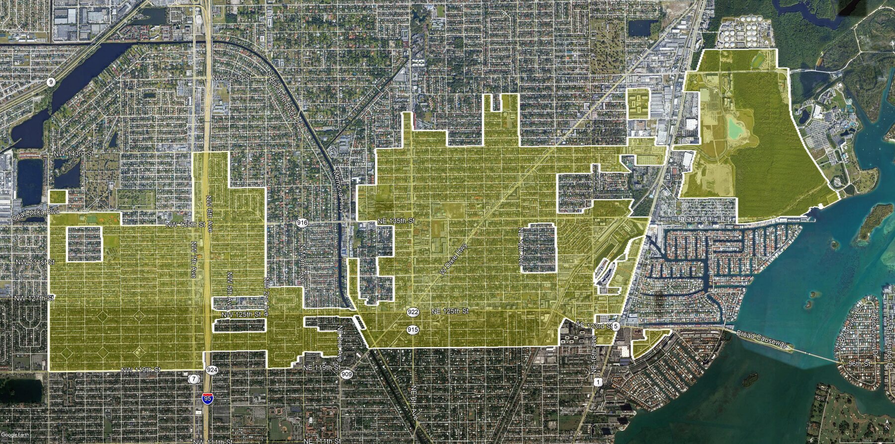 The North Miami Community Redevelopment Area (~3,250 acres, roughly 60% of the city), from I-95 to Biscayne Bay. BusinessFlare® / Esri.